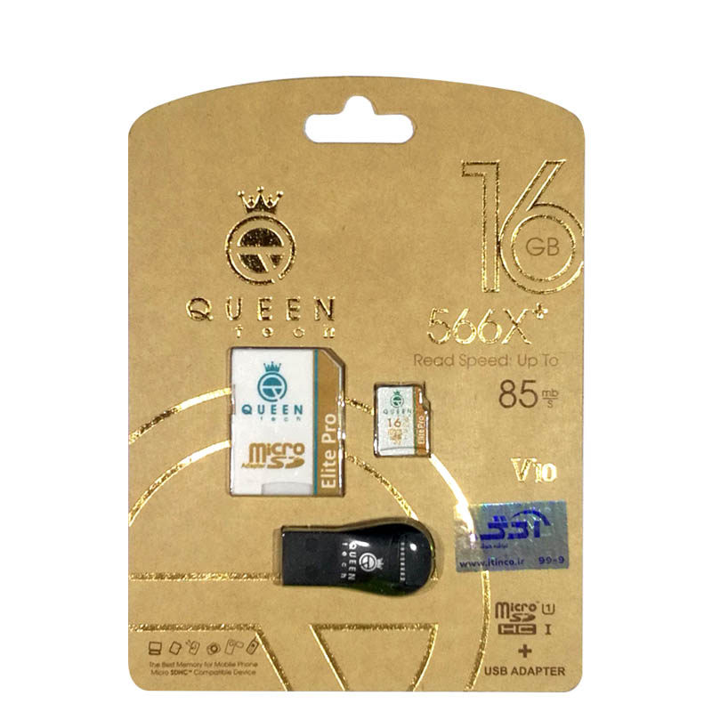 کارت حافظه microSDHC کوئین تک مدل +Elite pro 566X کلاس 10 استاندارد UHS-I U3 سرعت 85MBps ظرفیت 16 گیگابایت به همراه آداپتور SD و کارت خوان