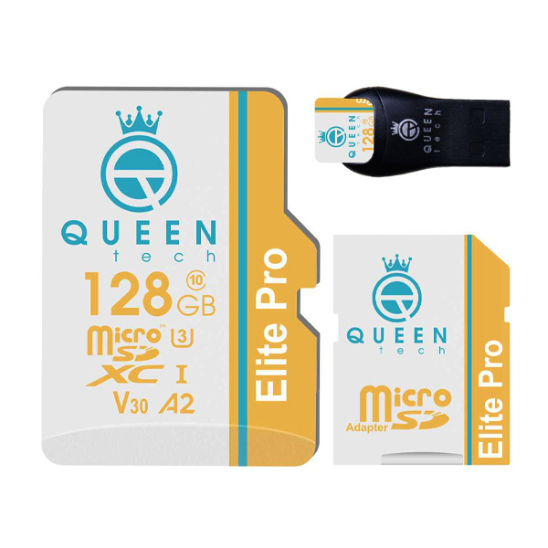 کارت حافظه Micro SD HC کوئین تک مدل Elite Pro A2 V30 کلاس 10 استاندارد UHS-I U3 سرعت 85MBps ظرفیت 128 گیگابایت به همراه آداپتور SD و کارت خوان 