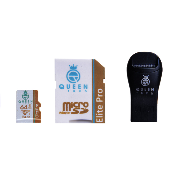 کارت حافظه Micro SD HC کوئین تک مدل Elite Pro A2 V30 کلاس 10 استاندارد UHS-I U3 سرعت 85MBps ظرفیت 64 گیگابایت به همراه آداپتور SD و کارت خوان