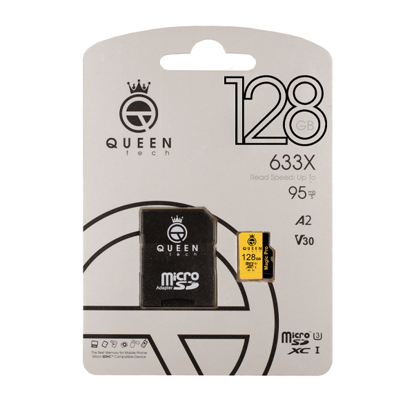 کارت حافظه Micro SD HC کوئین تک مدل A2-V30-633X کلاس 10 استاندارد UHS-l U3 سرعت 95MBps ظرفیت 128 گیگابایت به همراه آداپتور SD 